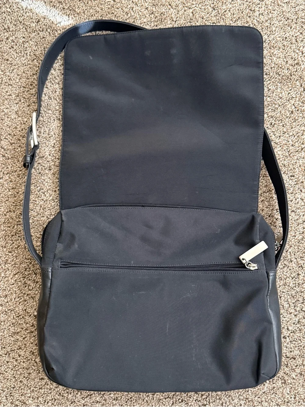 DKNY Black Nylon Messenger Bag with Silver Logo Plate